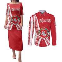 Belarus Couples Matching Puletasi and Long Sleeve Button Shirt with National Emblem and Traditional Pattern Red