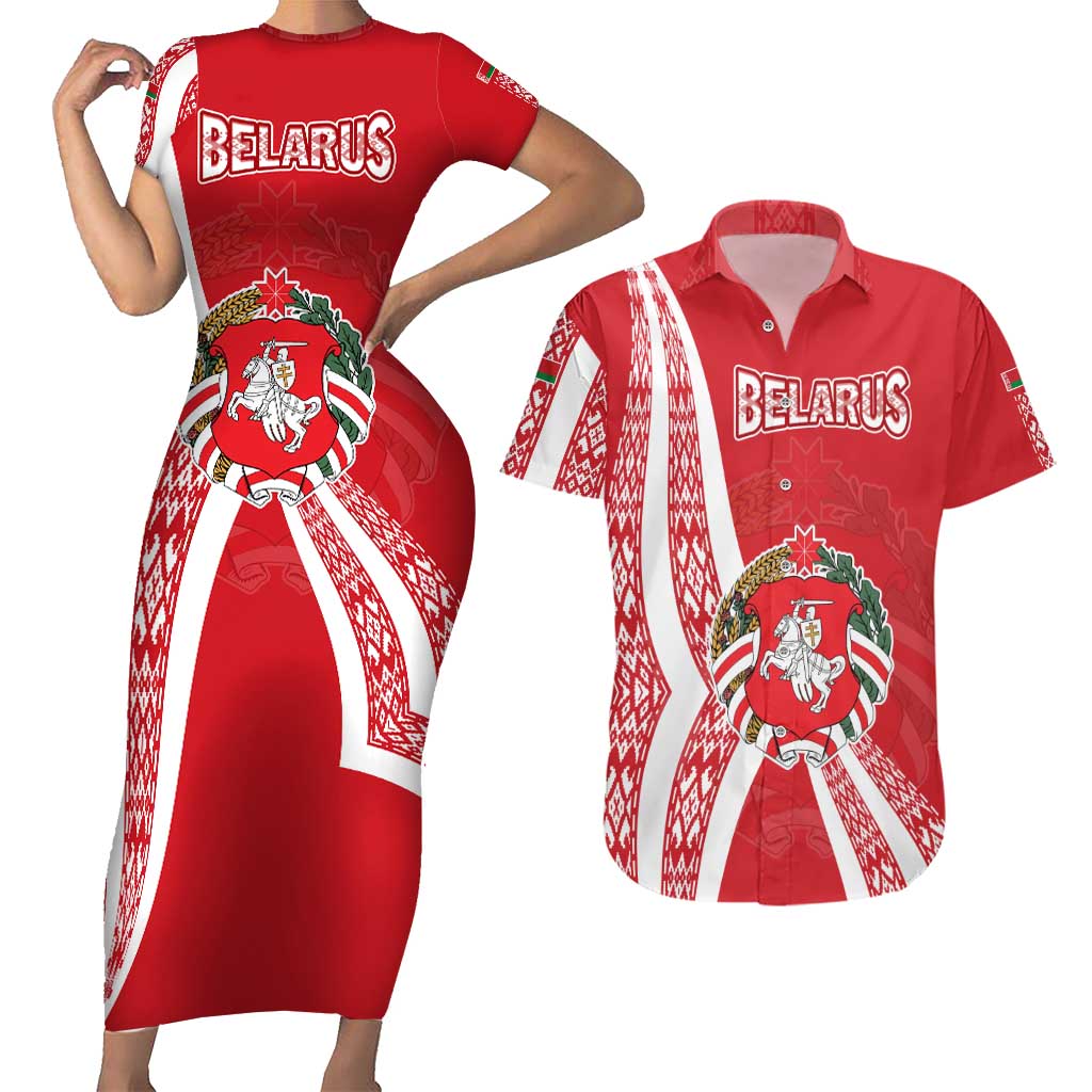 Belarus Couples Matching Short Sleeve Bodycon Dress and Hawaiian Shirt with National Emblem and Traditional Pattern Red