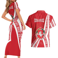 Belarus Couples Matching Short Sleeve Bodycon Dress and Hawaiian Shirt with National Emblem and Traditional Pattern Red