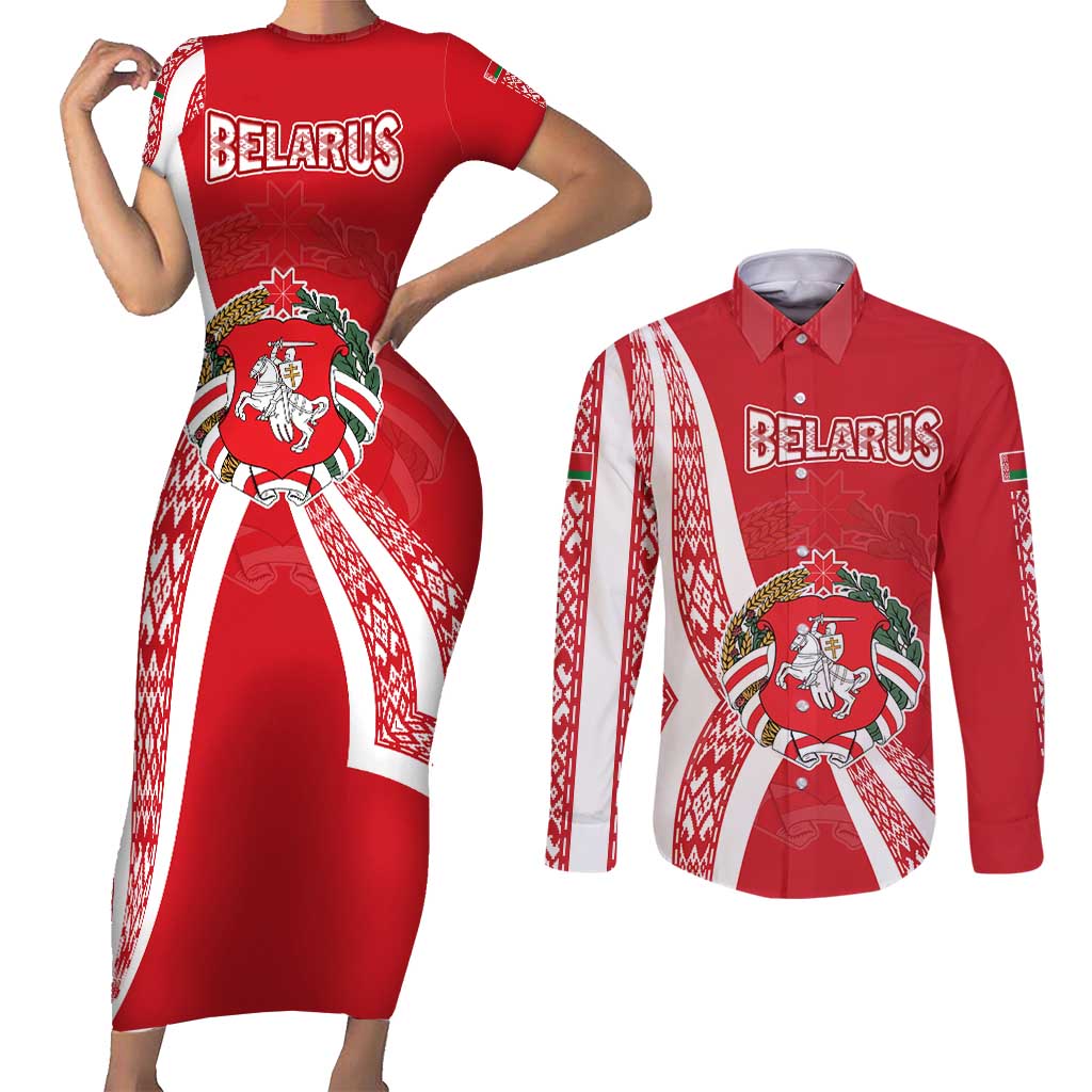 Belarus Couples Matching Short Sleeve Bodycon Dress and Long Sleeve Button Shirt with National Emblem and Traditional Pattern Red