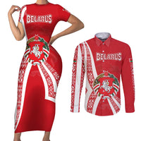 Belarus Couples Matching Short Sleeve Bodycon Dress and Long Sleeve Button Shirt with National Emblem and Traditional Pattern Red