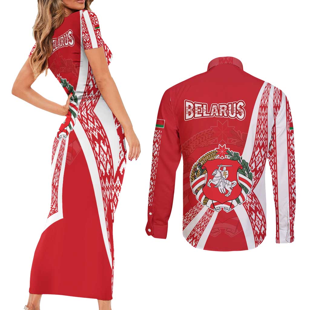 Belarus Couples Matching Short Sleeve Bodycon Dress and Long Sleeve Button Shirt with National Emblem and Traditional Pattern Red