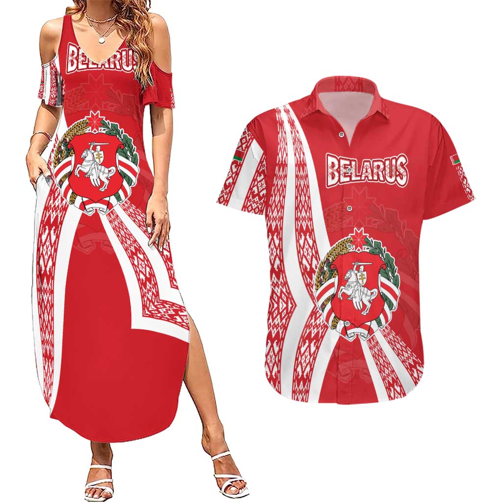 Belarus Couples Matching Summer Maxi Dress and Hawaiian Shirt with National Emblem and Traditional Pattern Red