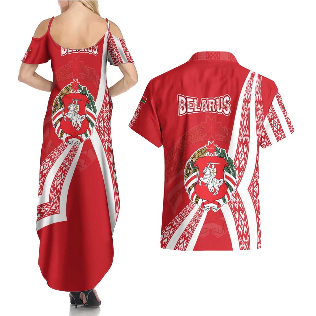 Belarus Couples Matching Summer Maxi Dress and Hawaiian Shirt with National Emblem and Traditional Pattern Red