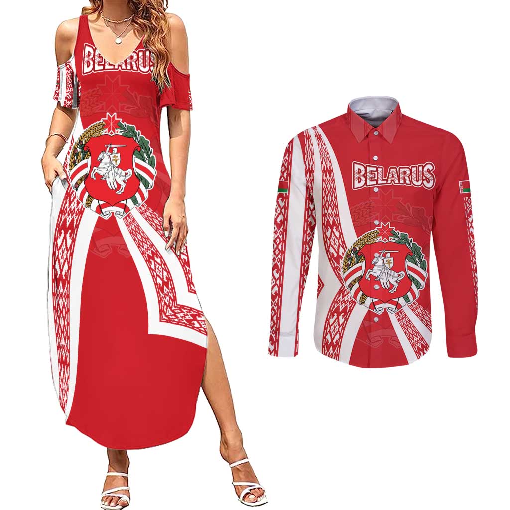 Belarus Couples Matching Summer Maxi Dress and Long Sleeve Button Shirt with National Emblem and Traditional Pattern Red
