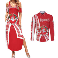 Belarus Couples Matching Summer Maxi Dress and Long Sleeve Button Shirt with National Emblem and Traditional Pattern Red