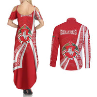 Belarus Couples Matching Summer Maxi Dress and Long Sleeve Button Shirt with National Emblem and Traditional Pattern Red