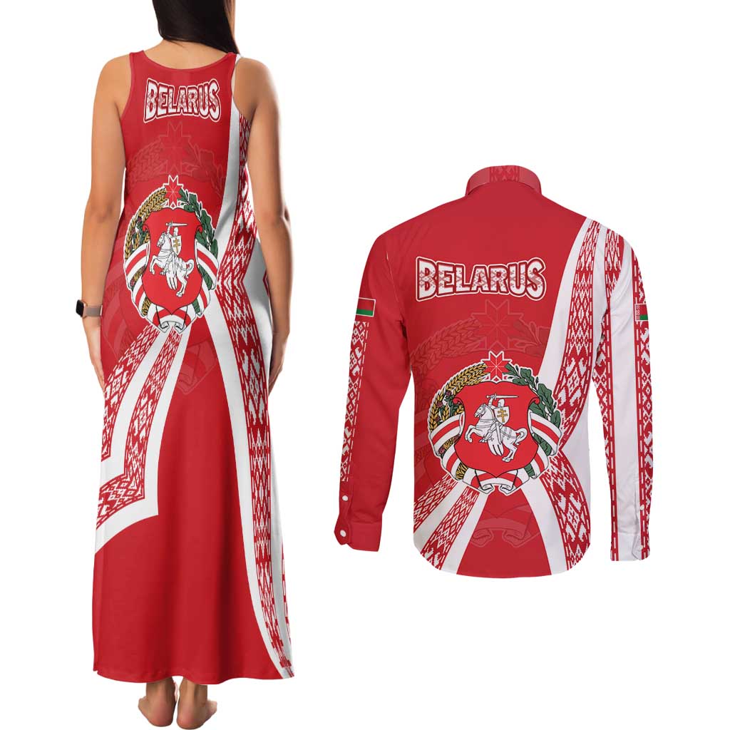 Belarus Couples Matching Tank Maxi Dress and Long Sleeve Button Shirt with National Emblem and Traditional Pattern Red