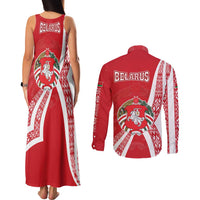 Belarus Couples Matching Tank Maxi Dress and Long Sleeve Button Shirt with National Emblem and Traditional Pattern Red