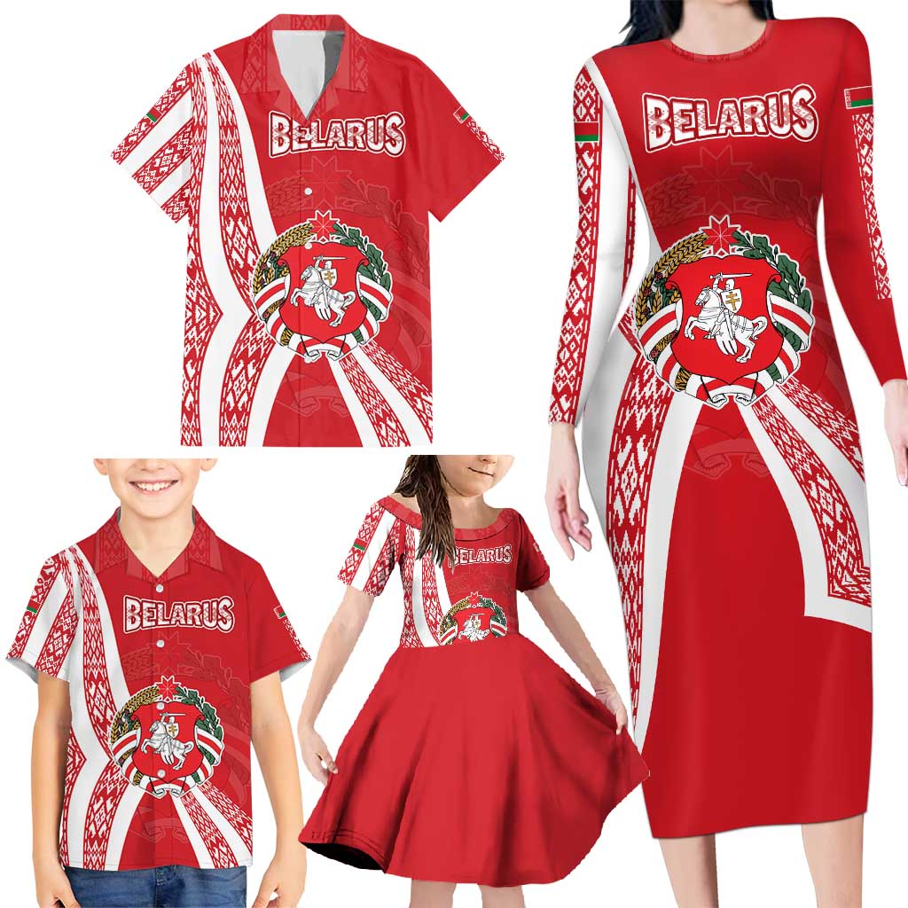 Belarus Family Matching Long Sleeve Bodycon Dress and Hawaiian Shirt with National Emblem and Traditional Pattern Red