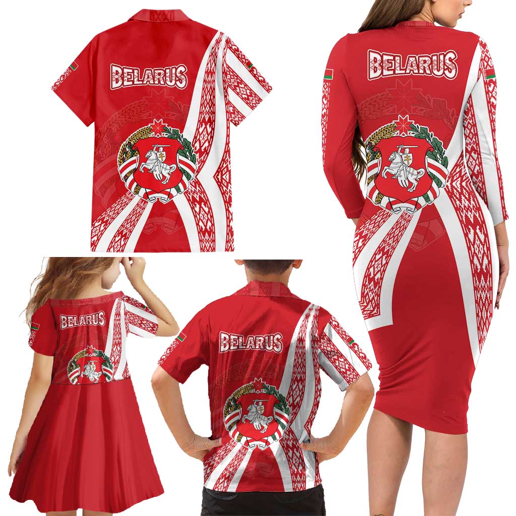 Belarus Family Matching Long Sleeve Bodycon Dress and Hawaiian Shirt with National Emblem and Traditional Pattern Red