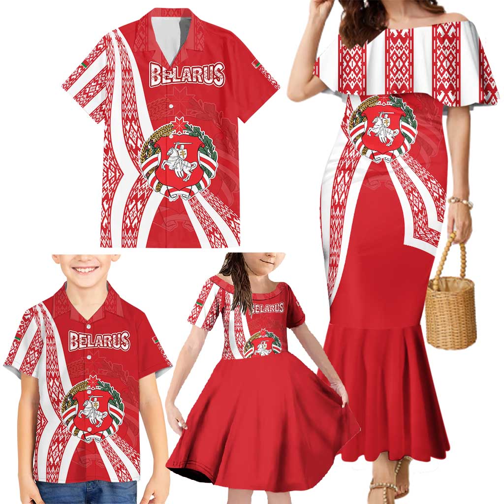 Belarus Family Matching Mermaid Dress and Hawaiian Shirt with National Emblem and Traditional Pattern Red