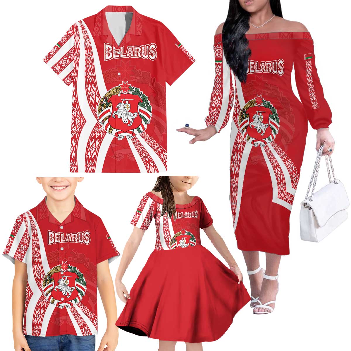 Belarus Family Matching Off The Shoulder Long Sleeve Dress and Hawaiian Shirt with National Emblem and Traditional Pattern Red