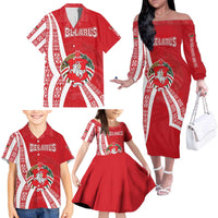 Belarus Family Matching Off The Shoulder Long Sleeve Dress and Hawaiian Shirt with National Emblem and Traditional Pattern Red