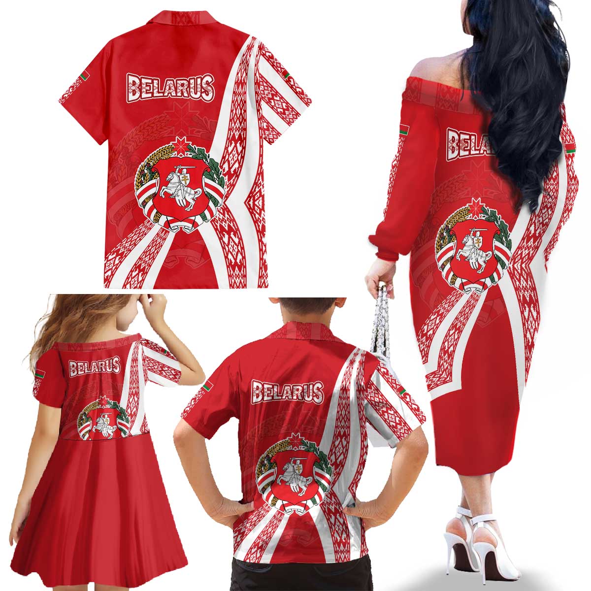 Belarus Family Matching Off The Shoulder Long Sleeve Dress and Hawaiian Shirt with National Emblem and Traditional Pattern Red