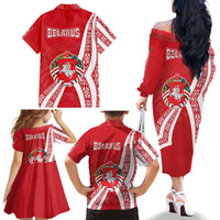 Belarus Family Matching Off The Shoulder Long Sleeve Dress and Hawaiian Shirt with National Emblem and Traditional Pattern Red