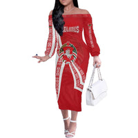 Belarus Family Matching Off The Shoulder Long Sleeve Dress and Hawaiian Shirt with National Emblem and Traditional Pattern Red