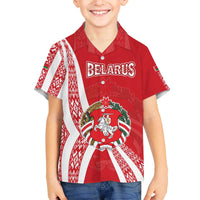 Belarus Family Matching Off The Shoulder Long Sleeve Dress and Hawaiian Shirt with National Emblem and Traditional Pattern Red