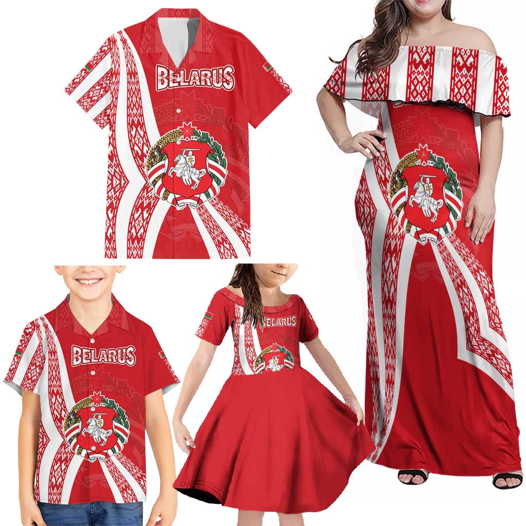 Belarus Family Matching Off Shoulder Maxi Dress and Hawaiian Shirt with National Emblem and Traditional Pattern Red