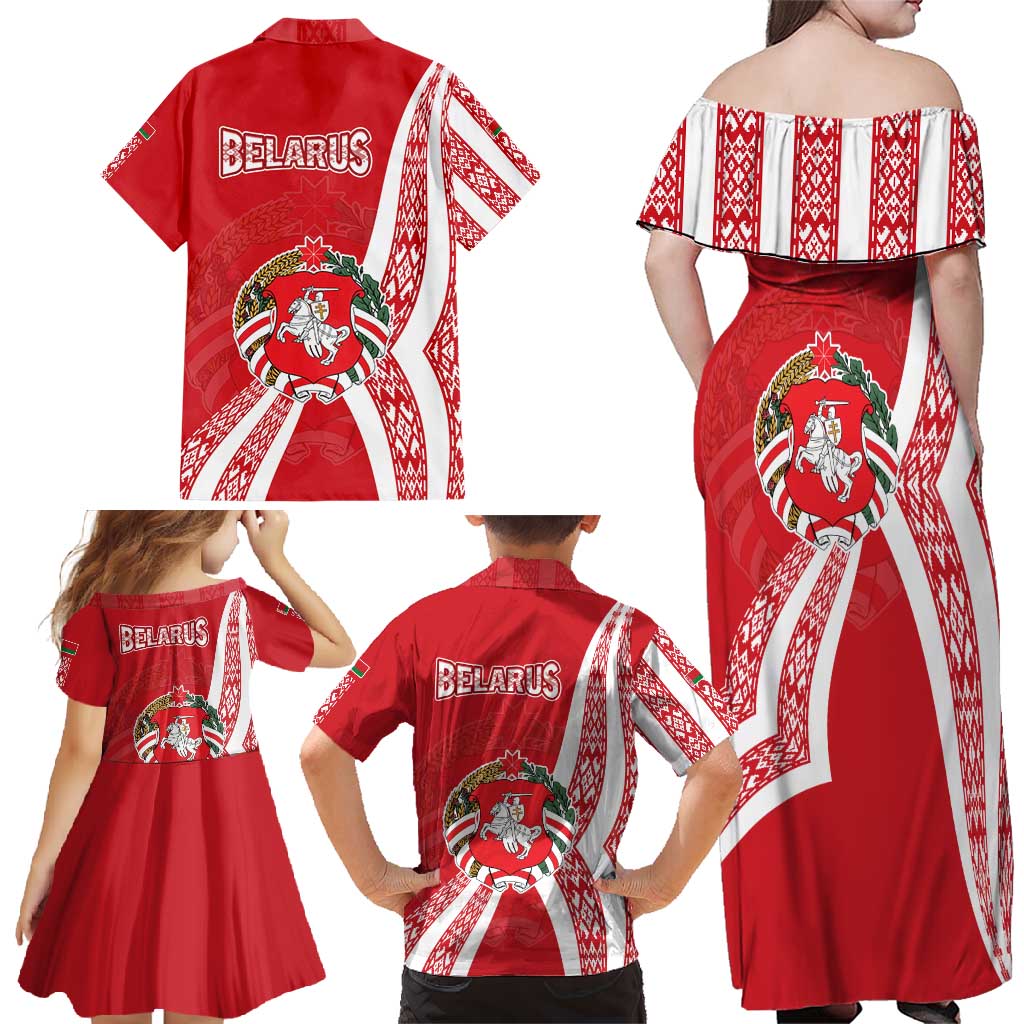 Belarus Family Matching Off Shoulder Maxi Dress and Hawaiian Shirt with National Emblem and Traditional Pattern Red