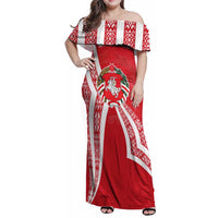 Belarus Family Matching Off Shoulder Maxi Dress and Hawaiian Shirt with National Emblem and Traditional Pattern Red