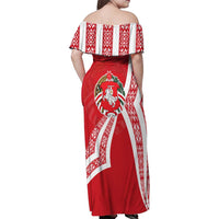 Belarus Family Matching Off Shoulder Maxi Dress and Hawaiian Shirt with National Emblem and Traditional Pattern Red