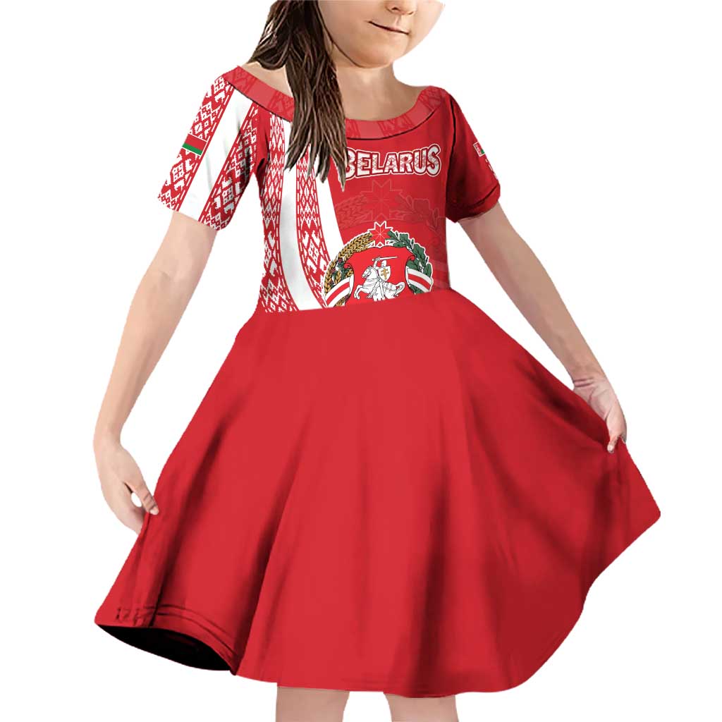 Belarus Family Matching Off Shoulder Short Dress and Hawaiian Shirt with National Emblem and Traditional Pattern Red