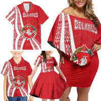 Belarus Family Matching Off Shoulder Short Dress and Hawaiian Shirt with National Emblem and Traditional Pattern Red