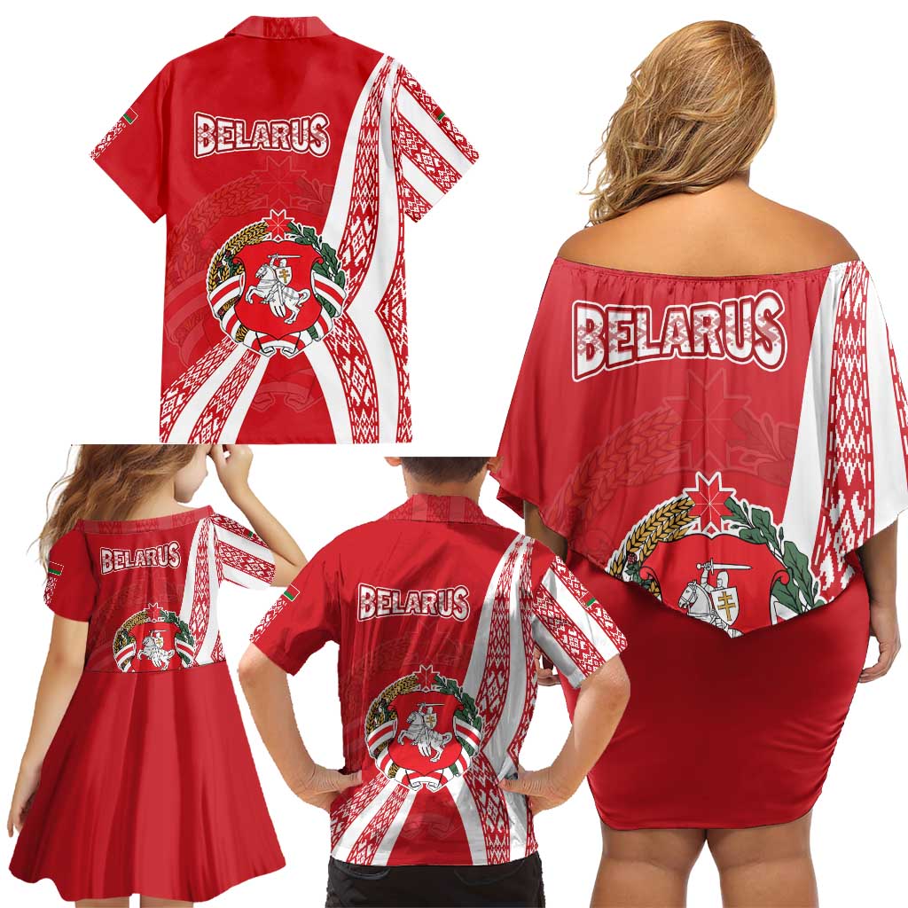 Belarus Family Matching Off Shoulder Short Dress and Hawaiian Shirt with National Emblem and Traditional Pattern Red