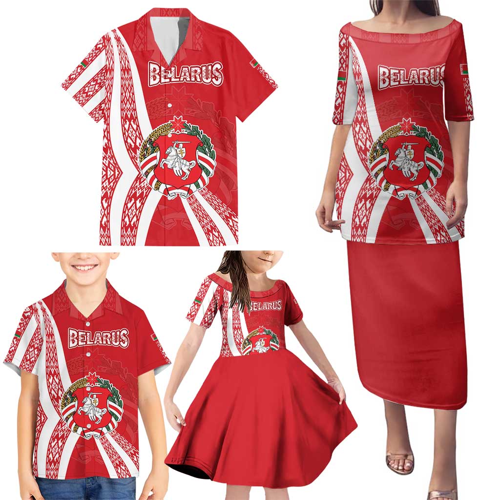 Belarus Family Matching Puletasi and Hawaiian Shirt with National Emblem and Traditional Pattern Red