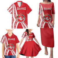 Belarus Family Matching Puletasi and Hawaiian Shirt with National Emblem and Traditional Pattern Red