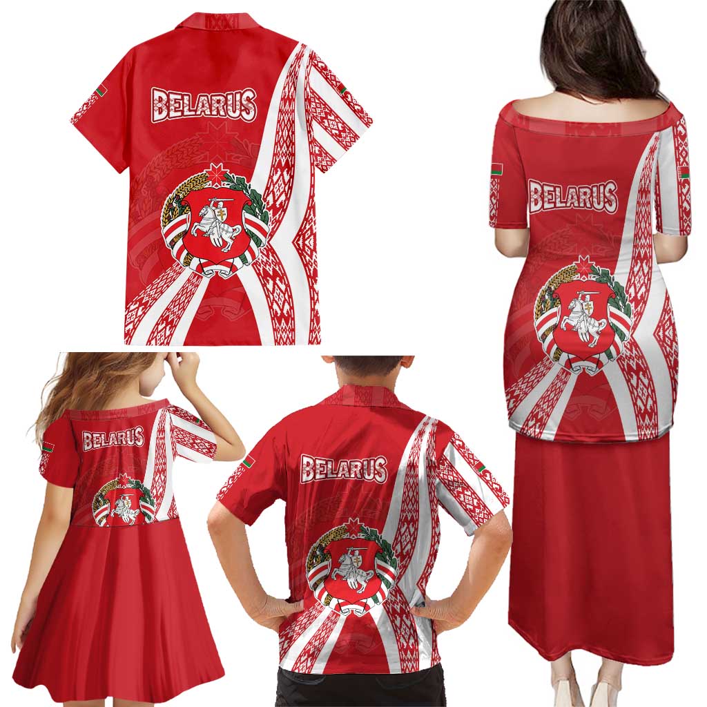 Belarus Family Matching Puletasi and Hawaiian Shirt with National Emblem and Traditional Pattern Red