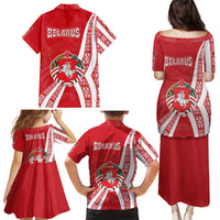Belarus Family Matching Puletasi and Hawaiian Shirt with National Emblem and Traditional Pattern Red