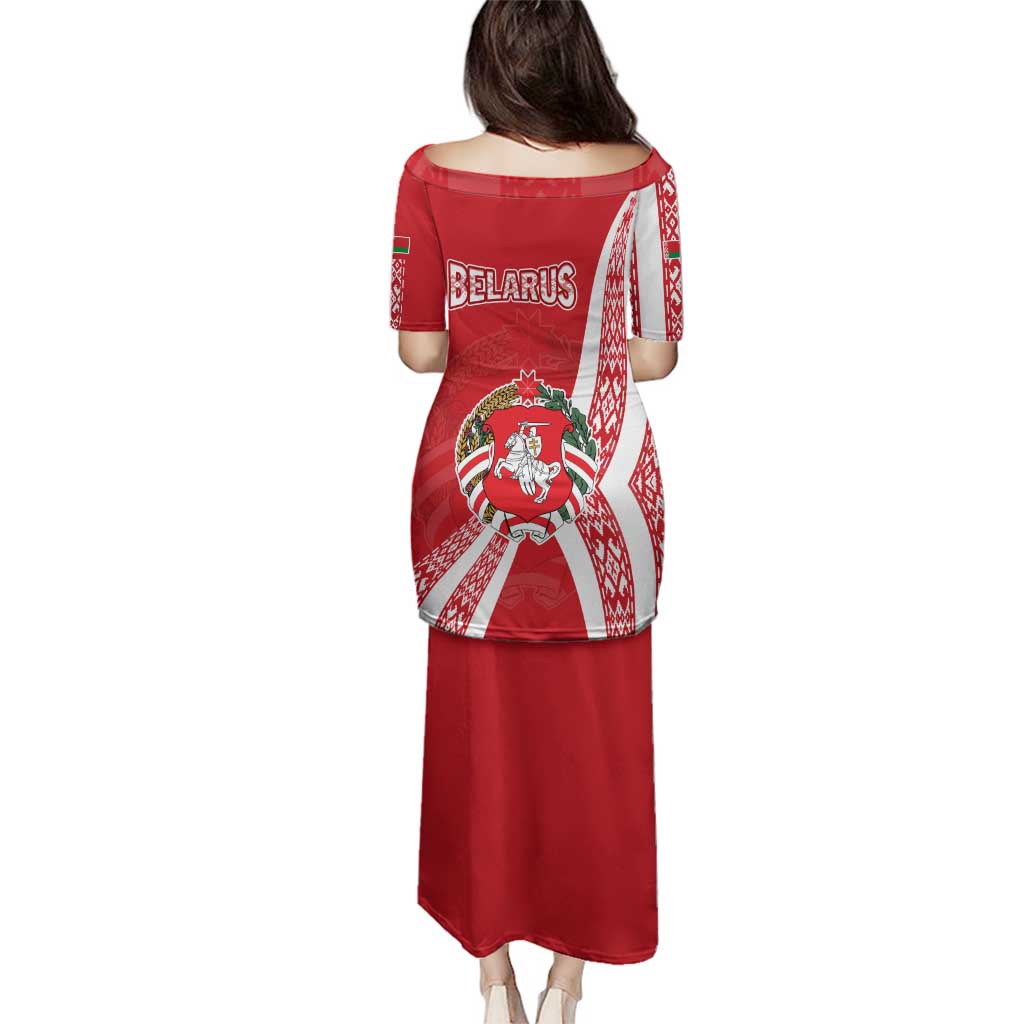 Belarus Family Matching Puletasi and Hawaiian Shirt with National Emblem and Traditional Pattern Red