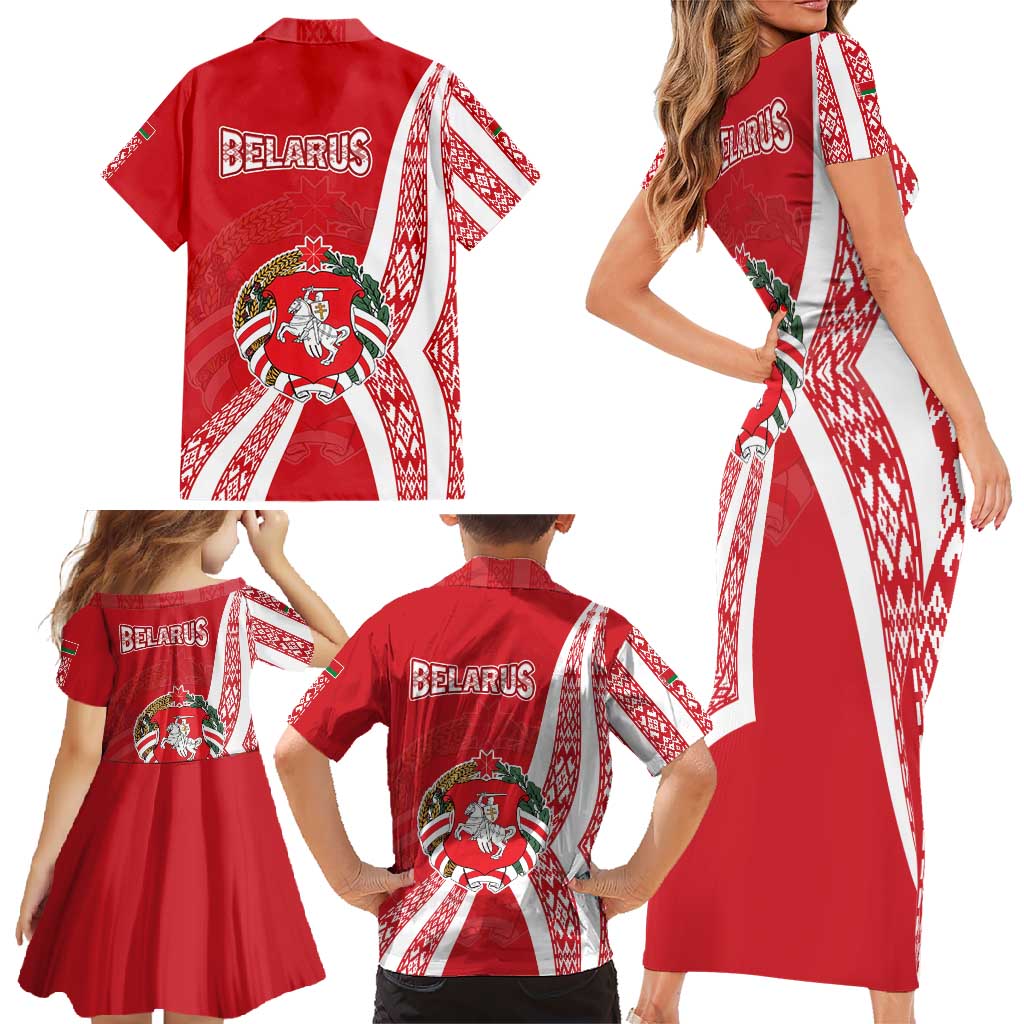 Belarus Family Matching Short Sleeve Bodycon Dress and Hawaiian Shirt with National Emblem and Traditional Pattern Red