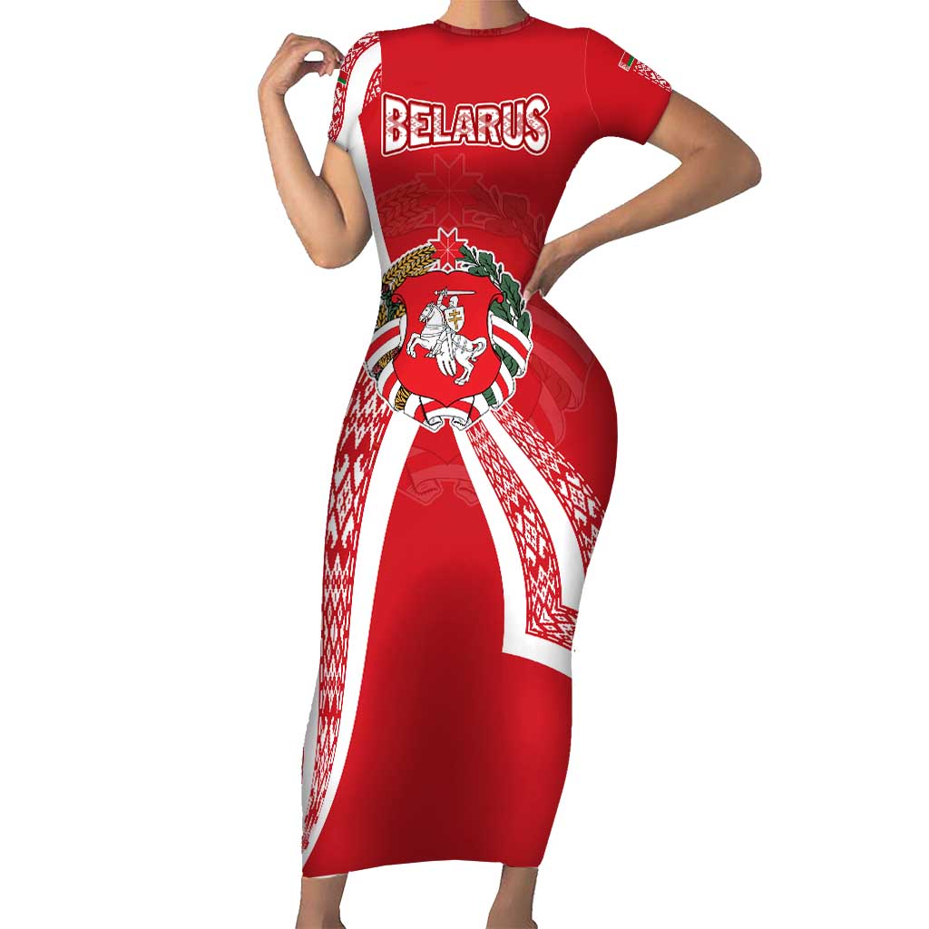Belarus Family Matching Short Sleeve Bodycon Dress and Hawaiian Shirt with National Emblem and Traditional Pattern Red