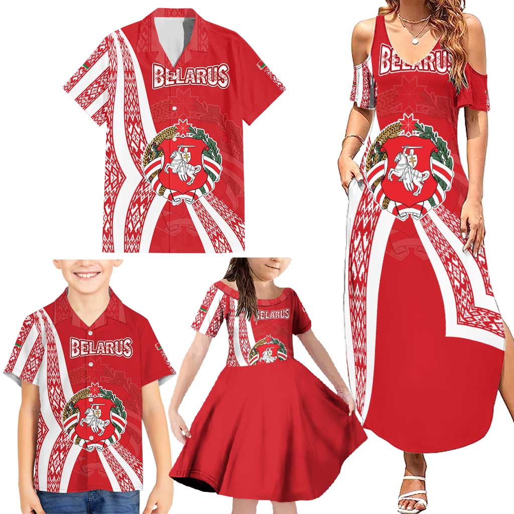 Belarus Family Matching Summer Maxi Dress and Hawaiian Shirt with National Emblem and Traditional Pattern Red