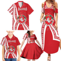 Belarus Family Matching Summer Maxi Dress and Hawaiian Shirt with National Emblem and Traditional Pattern Red