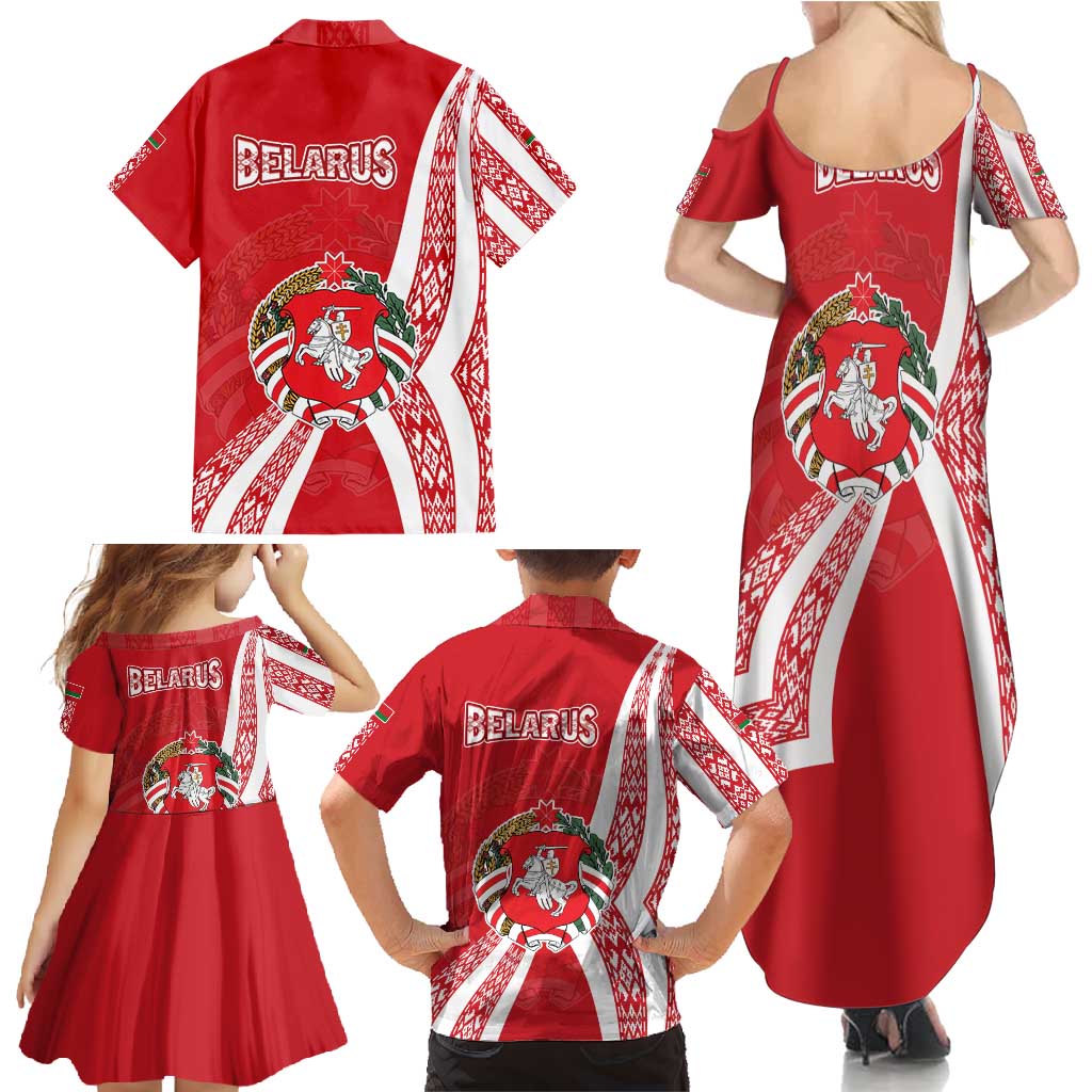 Belarus Family Matching Summer Maxi Dress and Hawaiian Shirt with National Emblem and Traditional Pattern Red