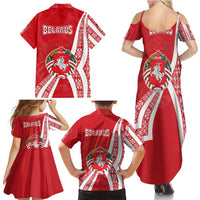 Belarus Family Matching Summer Maxi Dress and Hawaiian Shirt with National Emblem and Traditional Pattern Red