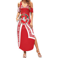 Belarus Family Matching Summer Maxi Dress and Hawaiian Shirt with National Emblem and Traditional Pattern Red