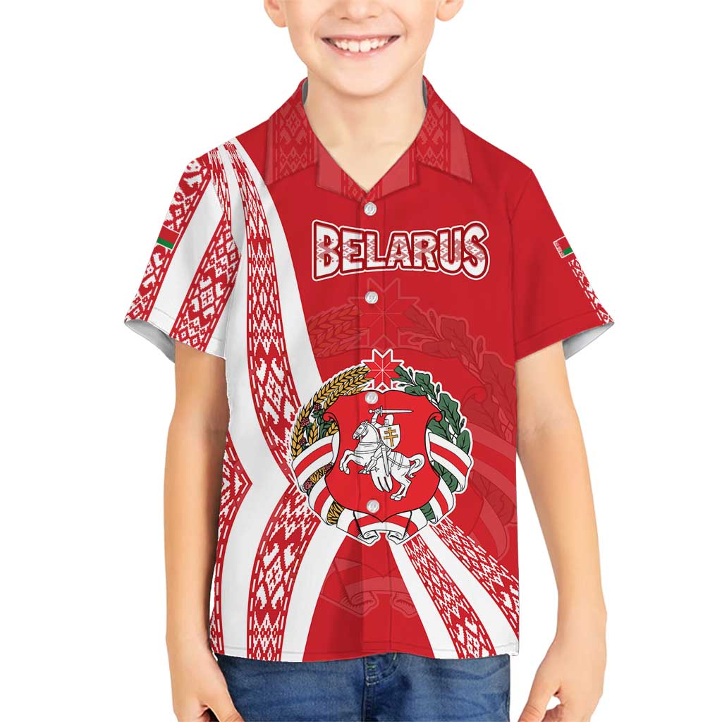 Belarus Family Matching Summer Maxi Dress and Hawaiian Shirt with National Emblem and Traditional Pattern Red