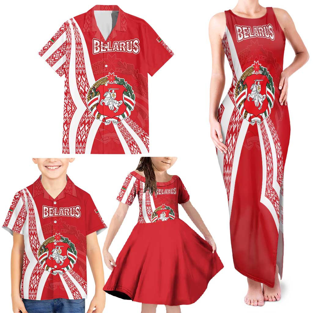Belarus Family Matching Tank Maxi Dress and Hawaiian Shirt with National Emblem and Traditional Pattern Red