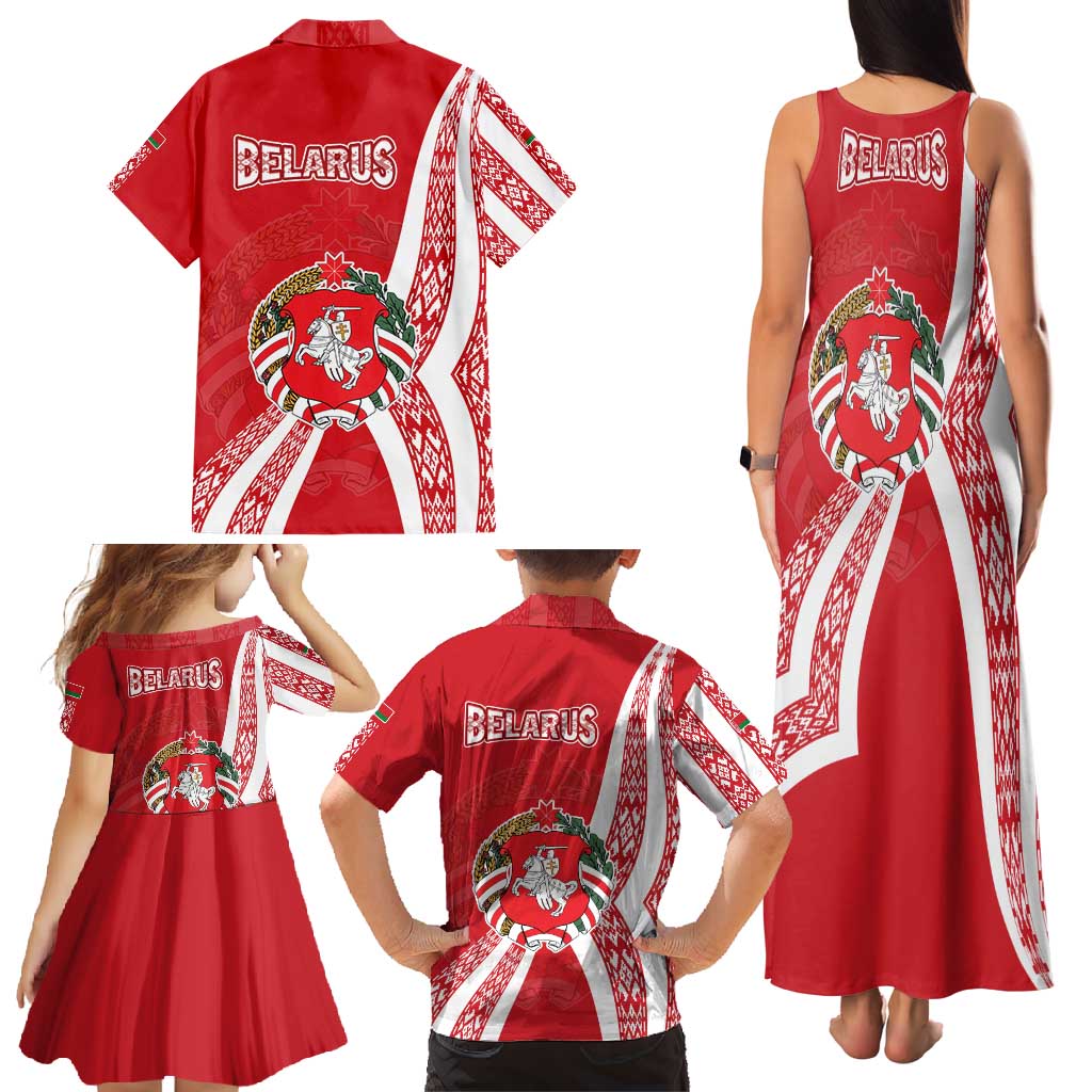 Belarus Family Matching Tank Maxi Dress and Hawaiian Shirt with National Emblem and Traditional Pattern Red