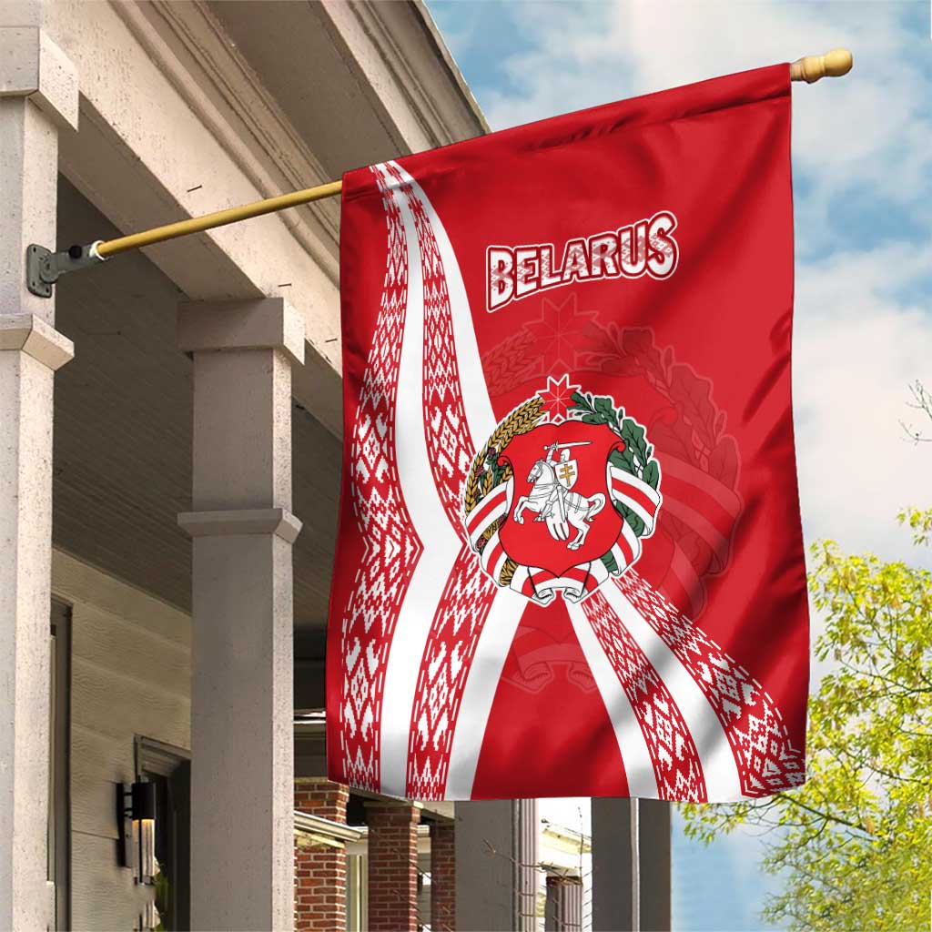 Belarus Garden Flag with National Emblem and Traditional Pattern Red