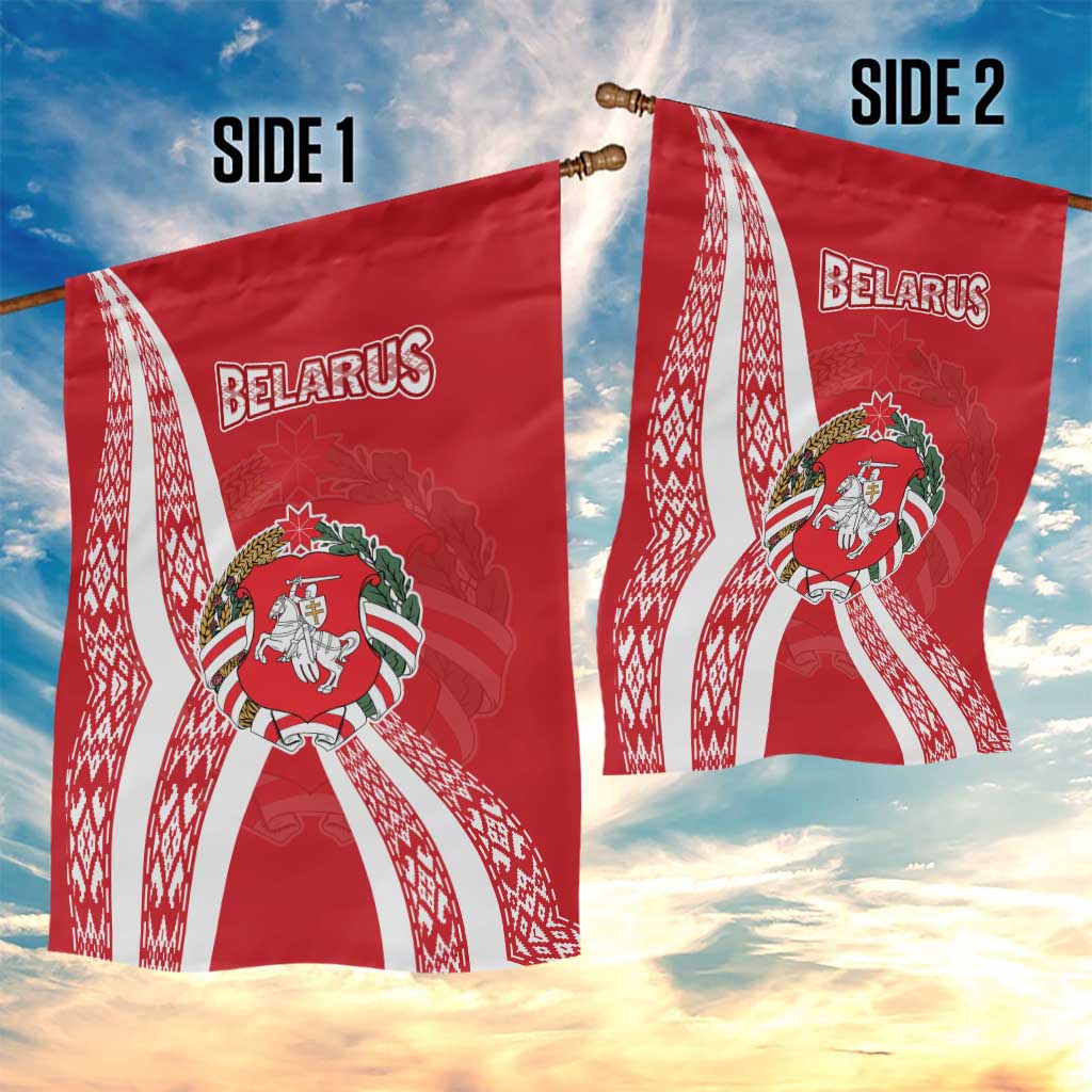 Belarus Garden Flag with National Emblem and Traditional Pattern Red
