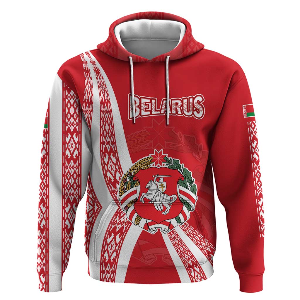 Belarus Hoodie with National Emblem and Traditional Pattern Red