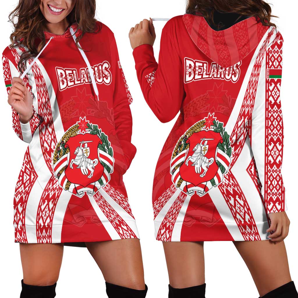 Belarus Hoodie Dress with National Emblem and Traditional Pattern Red