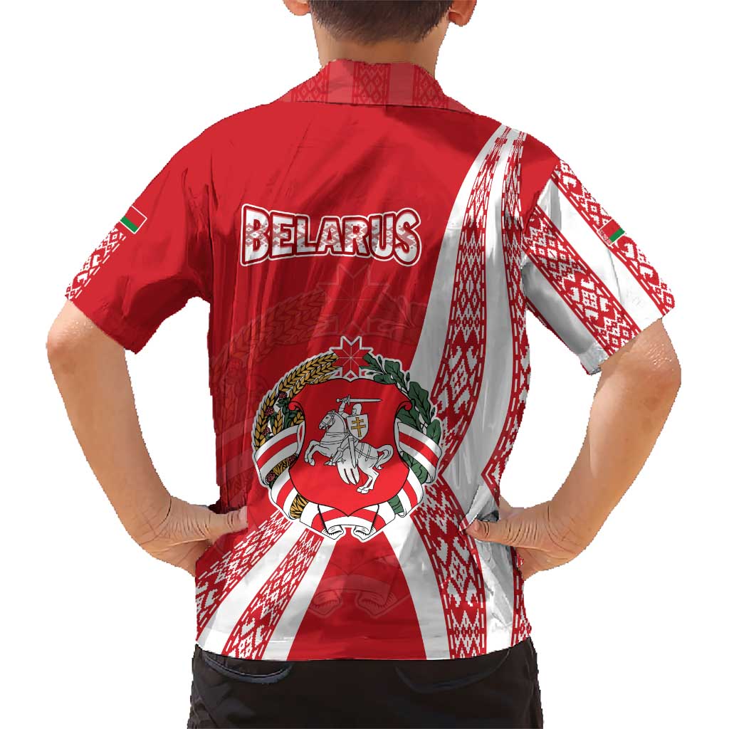 Belarus Kid Hawaiian Shirt with National Emblem and Traditional Pattern Red