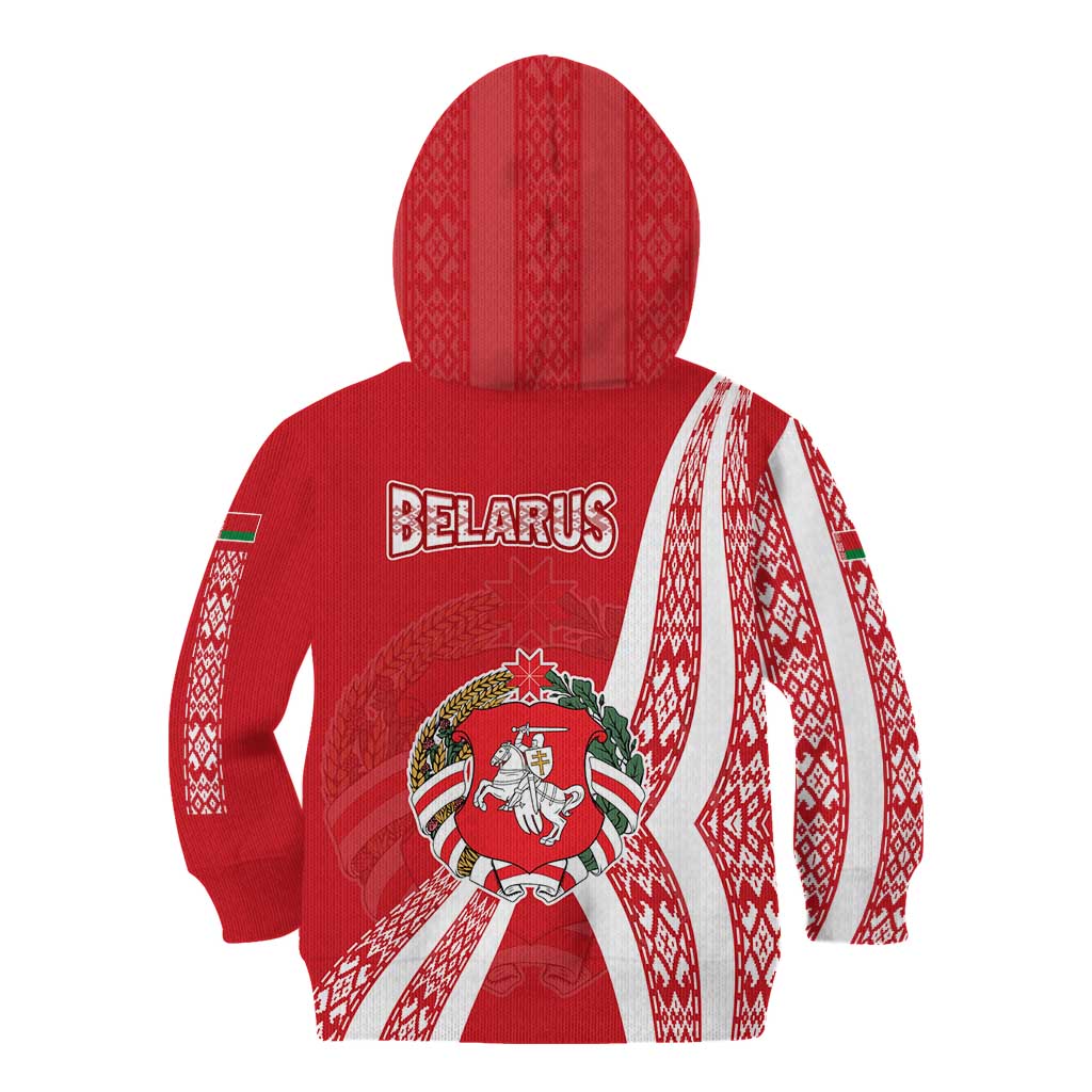 Belarus Kid Hoodie with National Emblem and Traditional Pattern Red
